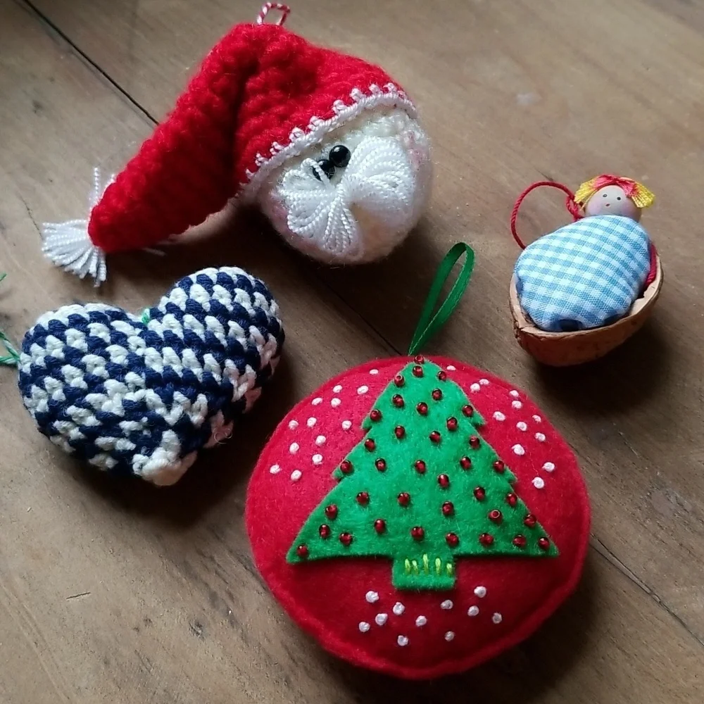 Ornaments Christmas Holiday Handmade Set Crochet Santa Heart Folkart Old Fashion